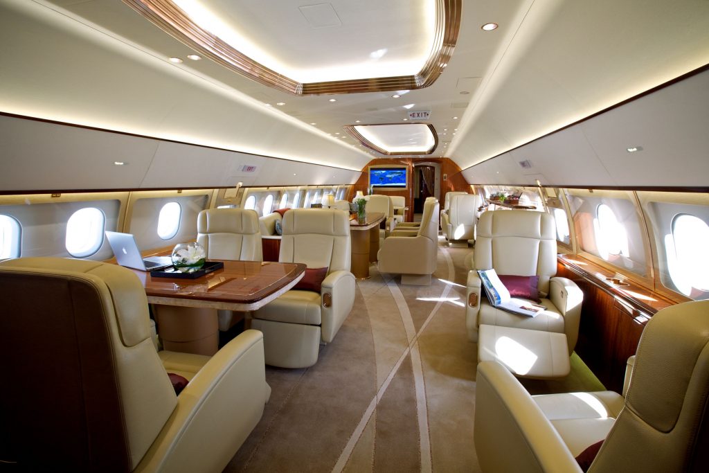 The interior cabin of an Airbus ACJ319 business jet.  