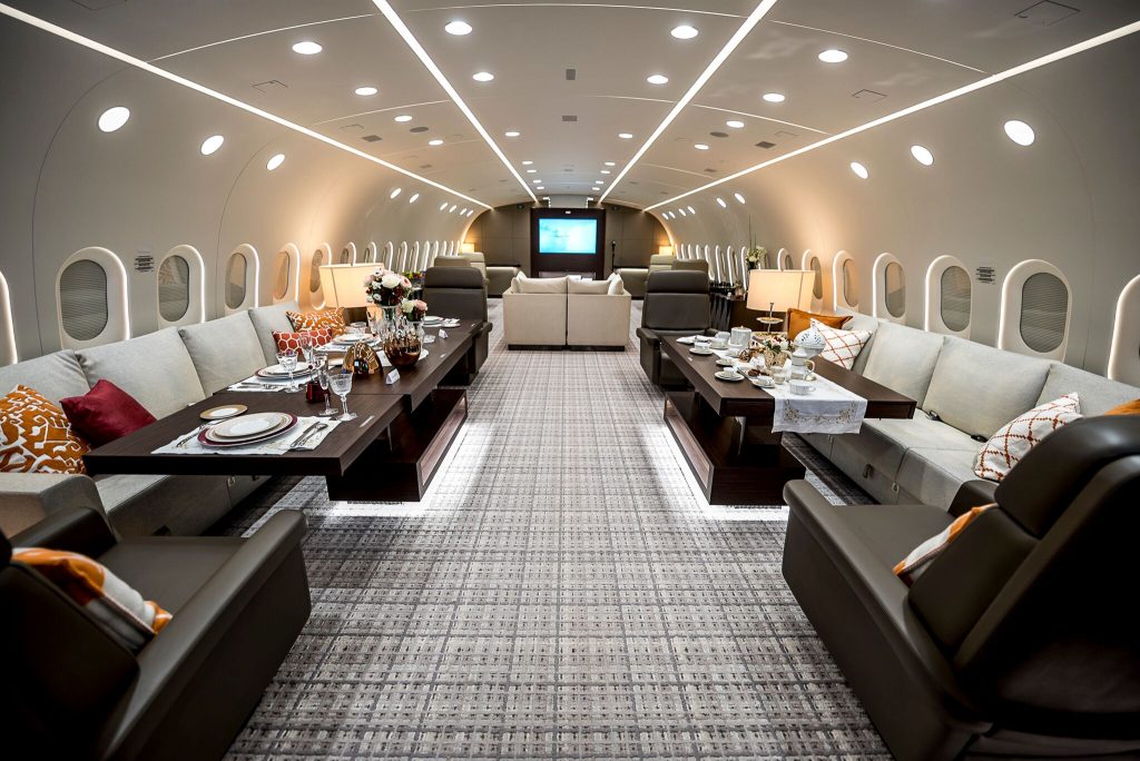 Interior cabin of a Deer Jet's Boeing BBJ 787. 