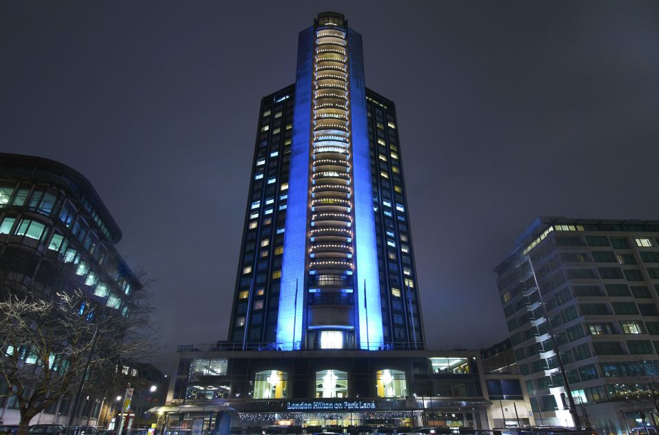 High Rise Hotel Exterior at Night