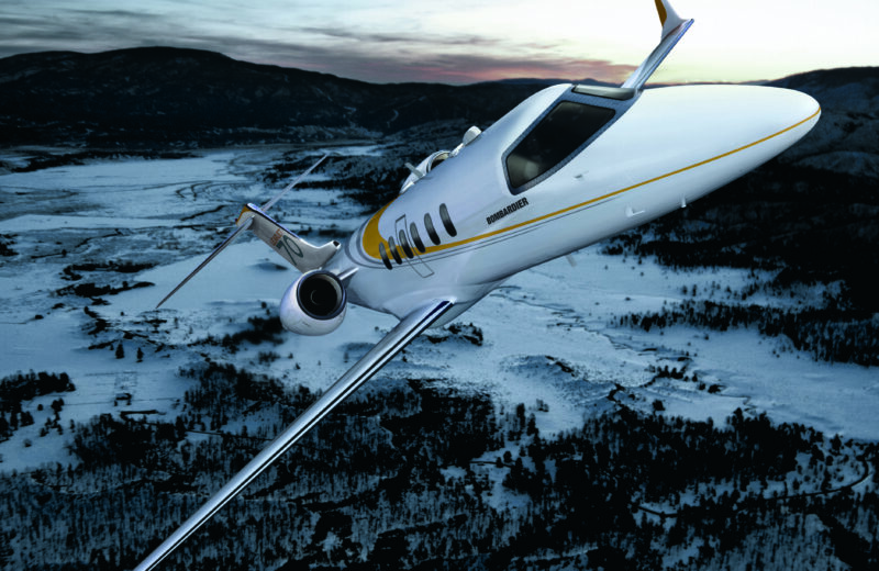 A Bombardier Learjet 70 light jet in flight.