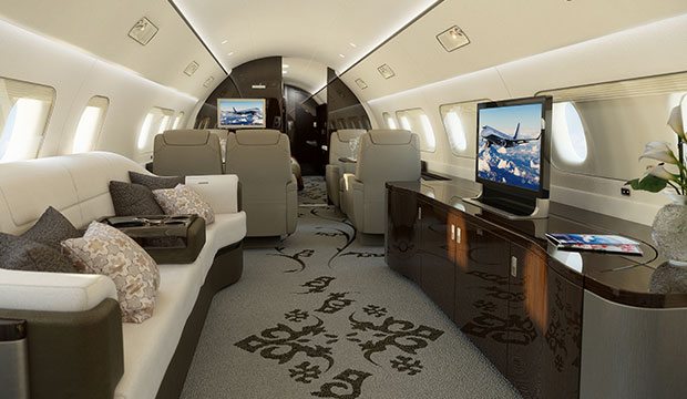 Embraer Lineage 1000 business jet cabin interior.